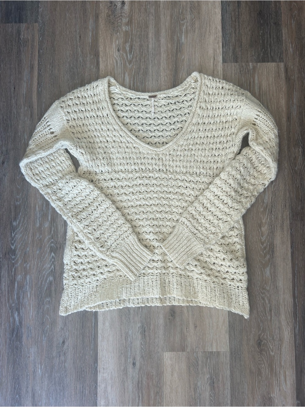 Free People Open Knit V-Neck Sweater in Cream
